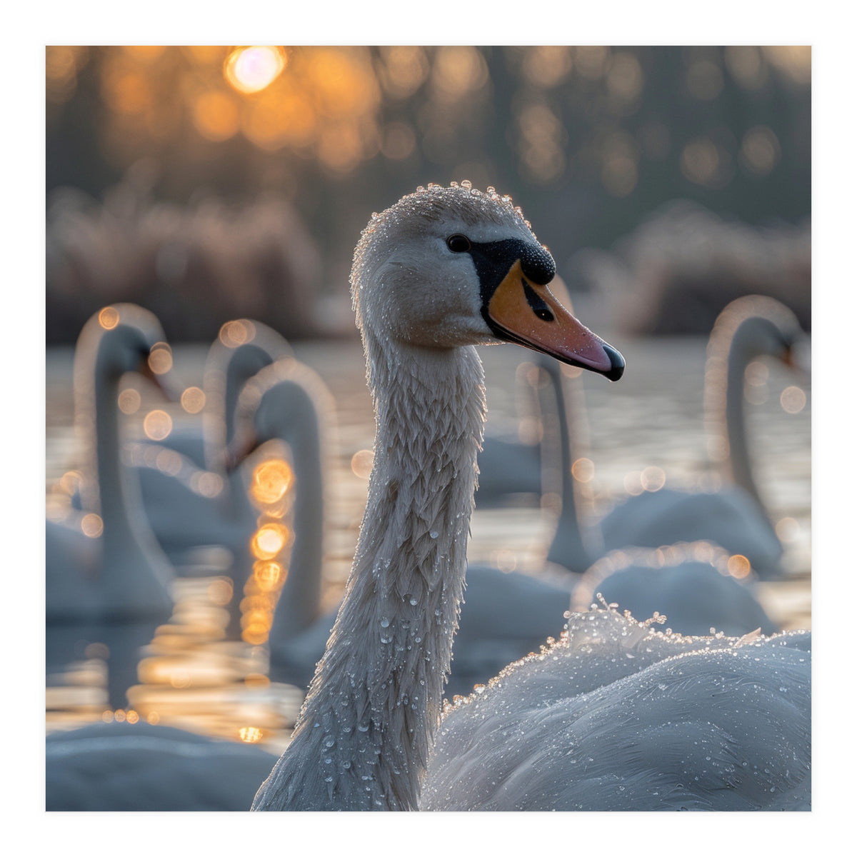 Close Up Of Swan With Water Droplets At Sunrise (Print Only)