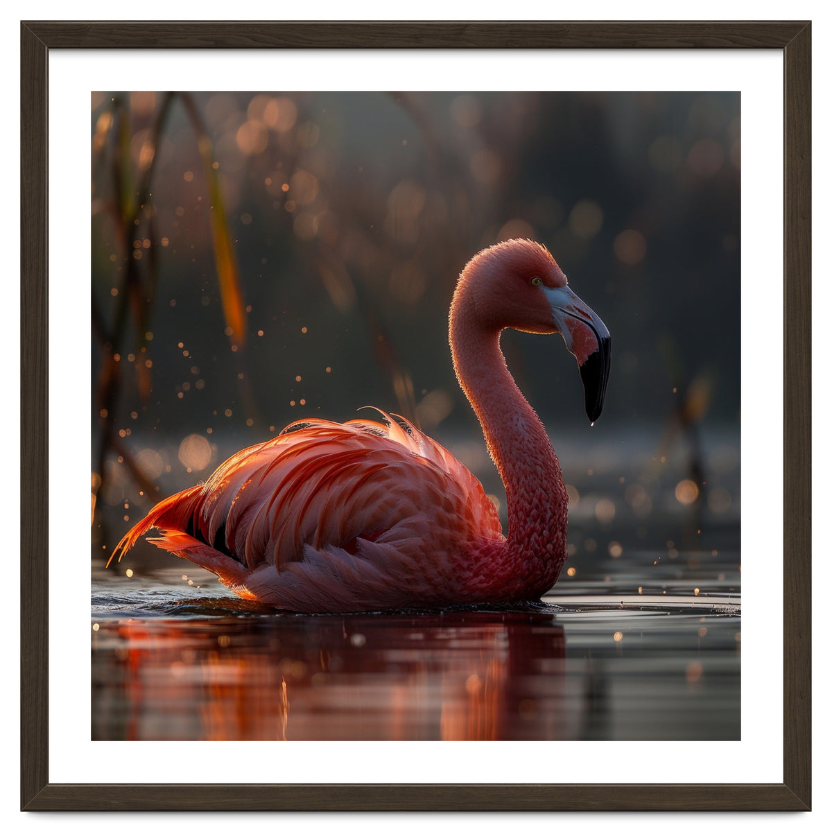 Pink Flamingo Swimming In Sunlight Water