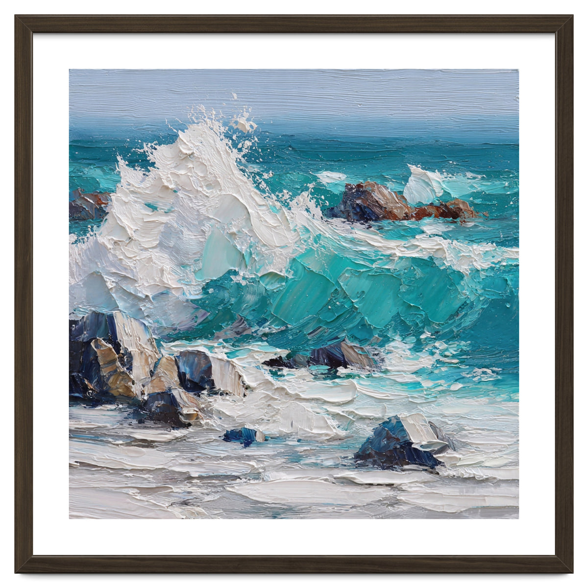 Dynamic Crashing Turquoise Ocean Wave Against Rugged Coastal Rocks