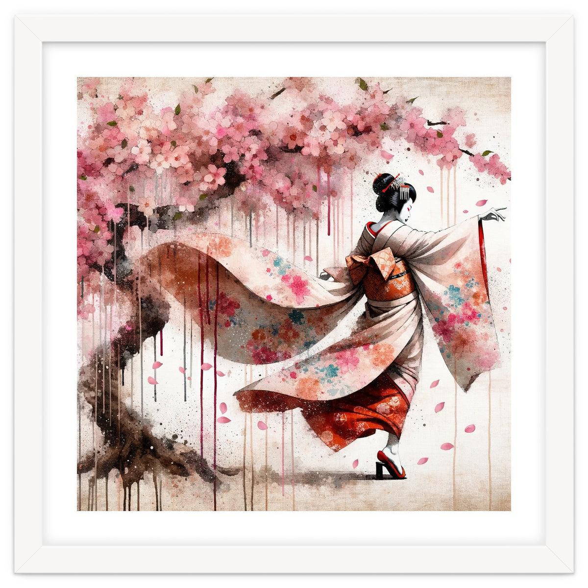 Geisha Under Cherry Blossoms In Motion