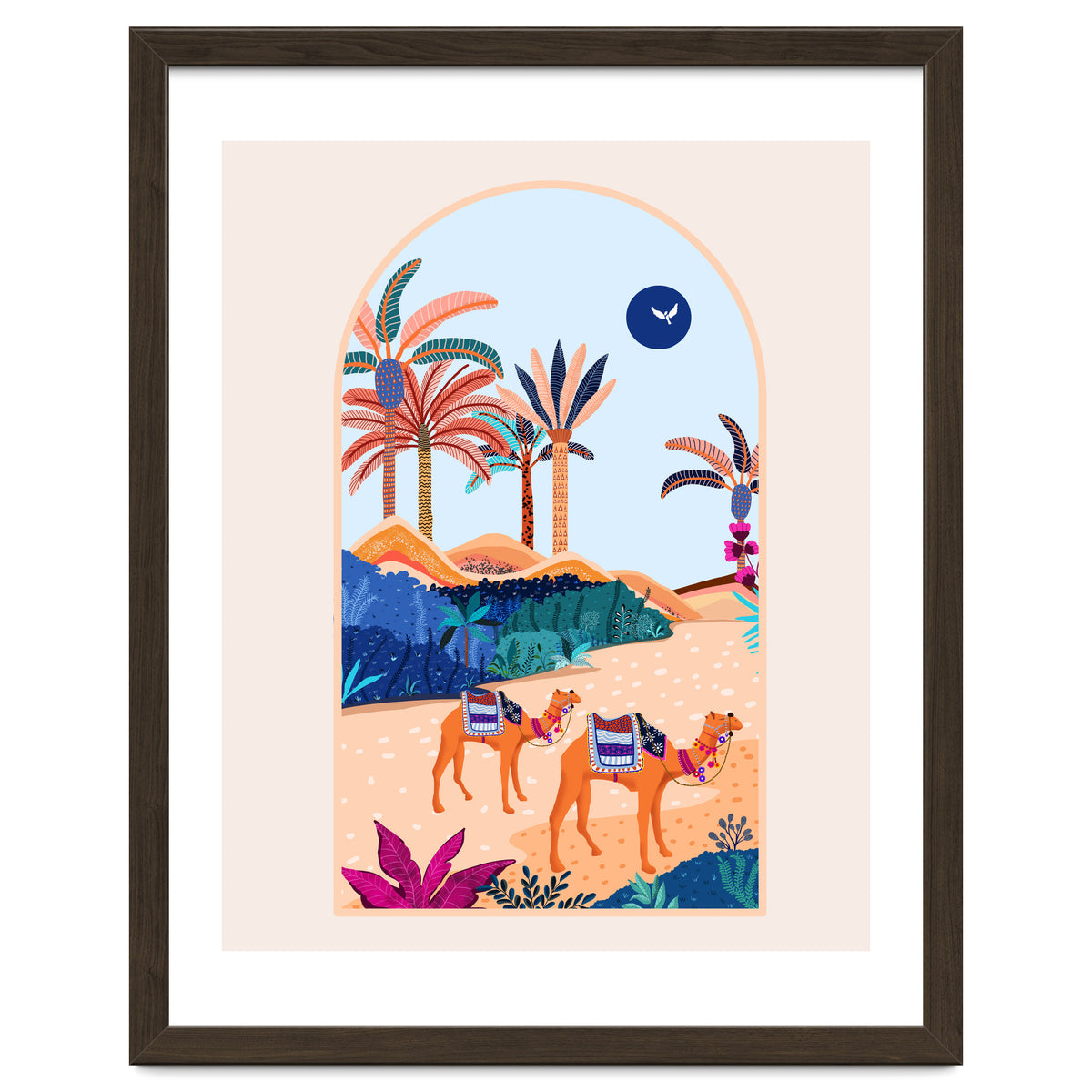 The Arabian Desert, Nature Landscape Travel Illustration, Camels Eclectic Sand Dunes Dubai Palm, Sahara Middle East Hot Summer Animals Bohemian