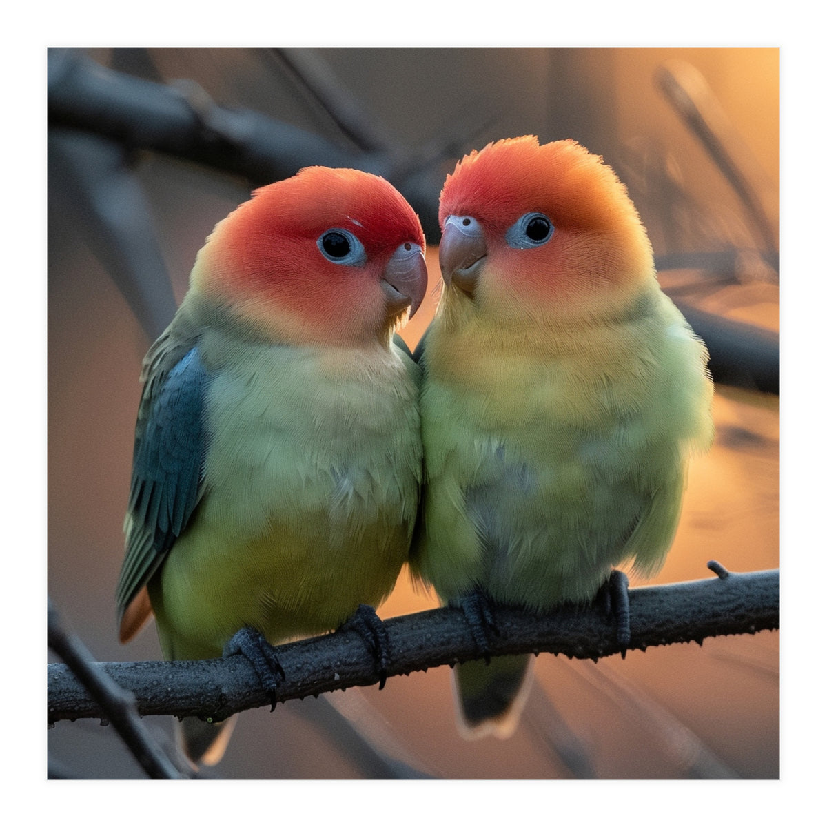 Two Lovebirds Perched On A Branch At Sunset (Print Only)
