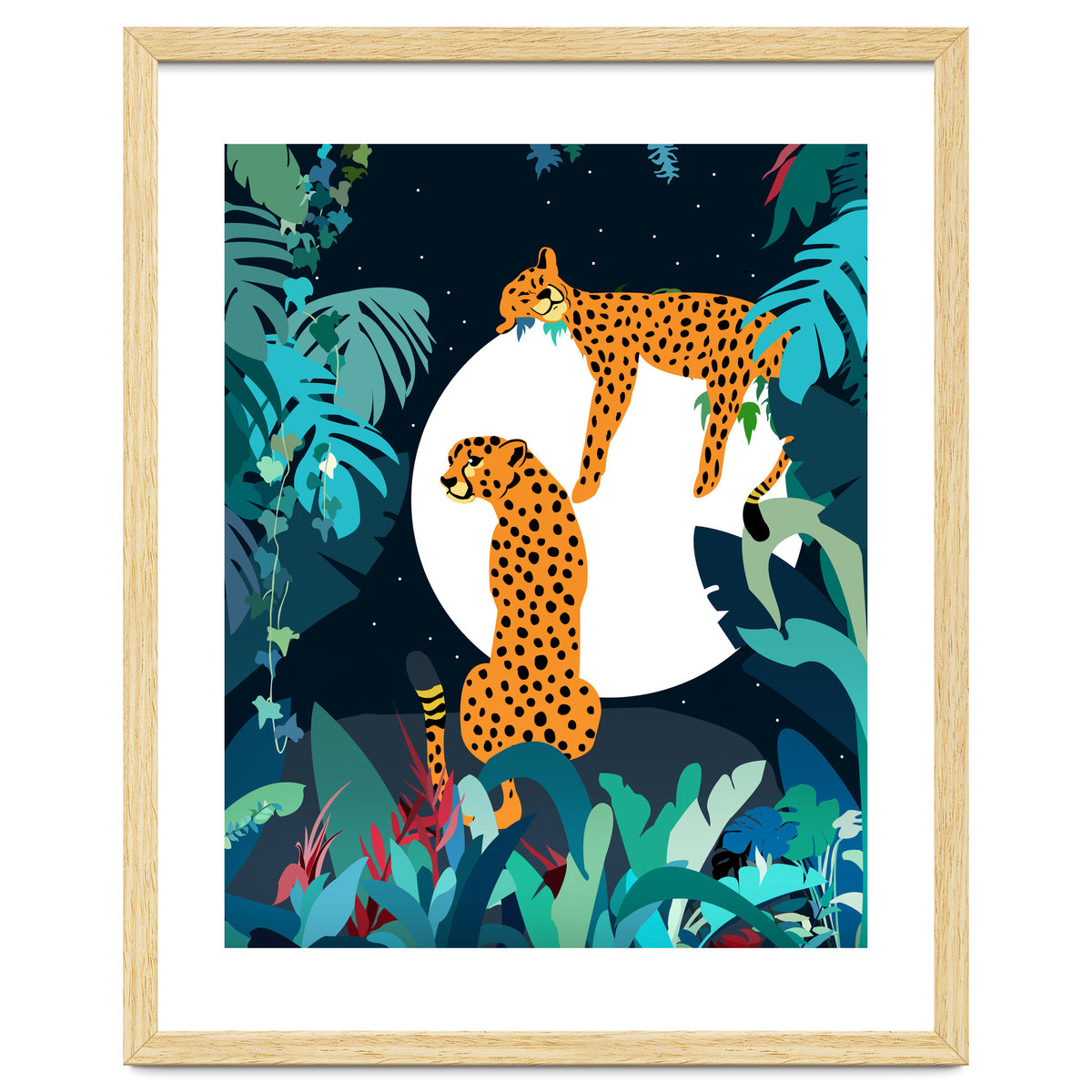 Over The Moon, Leopard In Love, Jungle Wildlife Tropical Tiger Botanical, Nature Cat Dark Animals