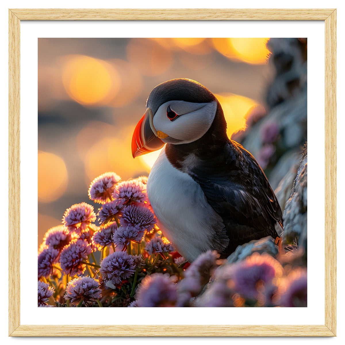 Puffin Bird Amidst Purple Flowers Golden Hour