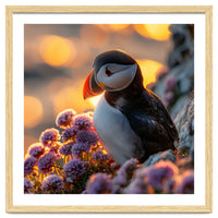 Puffin Bird Amidst Purple Flowers Golden Hour