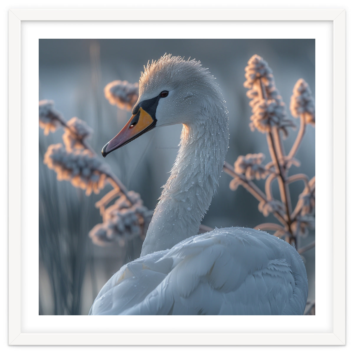 Swan Portrait Dew Drops Morning Light