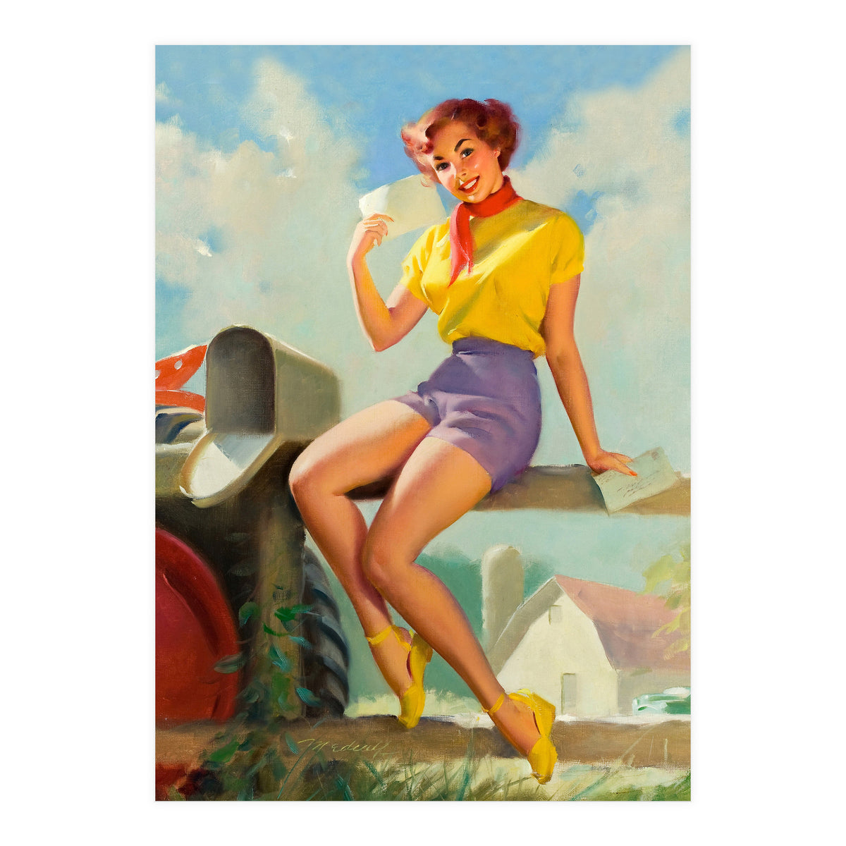 Pinup Girl On A Fence Showing A Love Letter (Print Only)