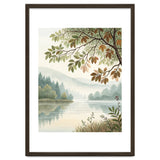 Tranquil Lakeside Forest Watercolor Painting with Overhanging Autumn Branches and Misty Mountain Reflection thumbnail