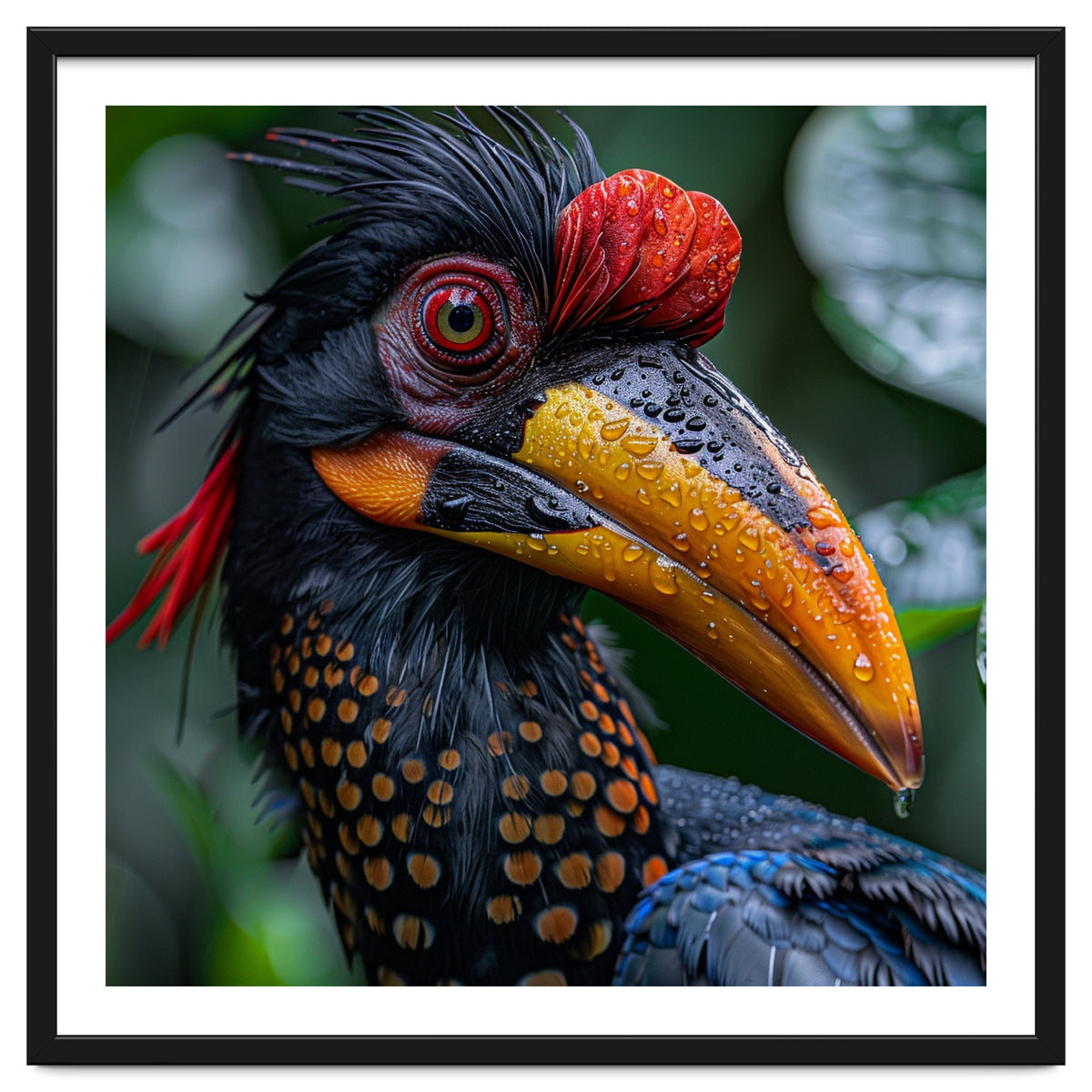 Close Up Of Helmeted Hornbill Bird In Rain
