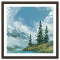 Ethereal Alpine River Valley with Snow-Capped Mountains