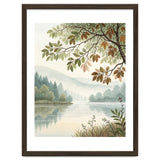 Tranquil Lakeside Forest Watercolor Painting with Overhanging Autumn Branches and Misty Mountain Reflection thumbnail