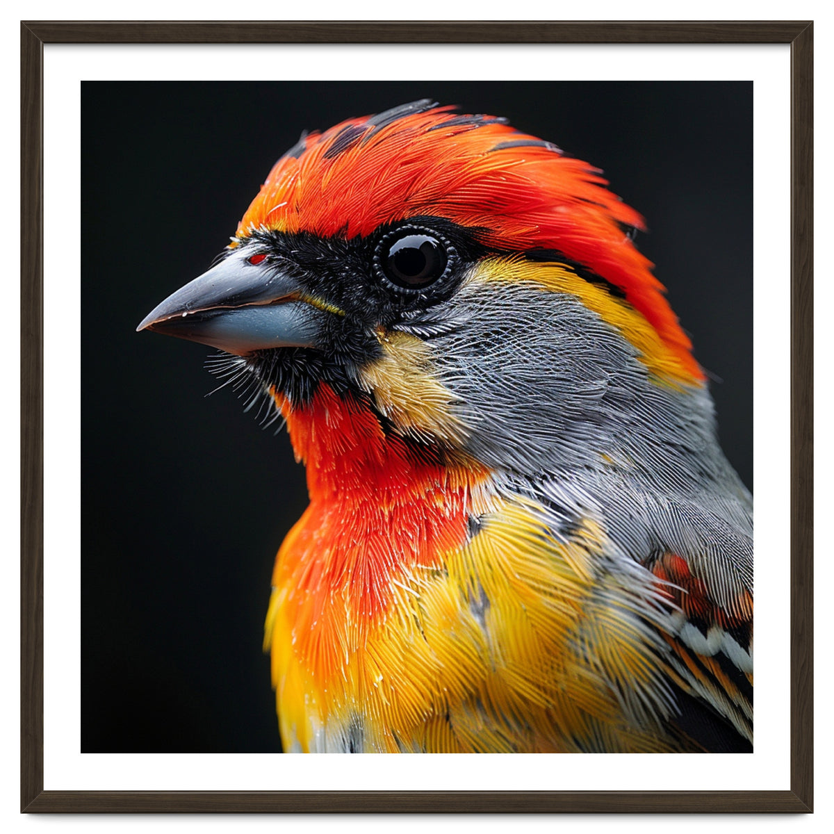 Close Up Of Colorful Bird With Red Orange Yellow Feathers