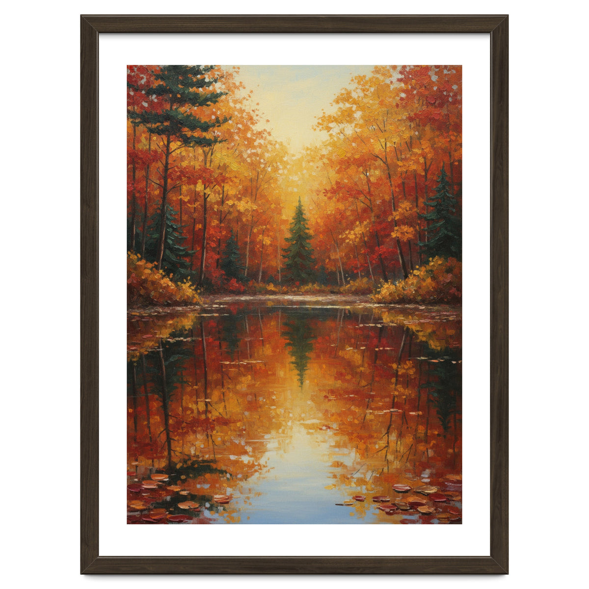 Golden Autumn Reflection: Impasto Forest Landscape