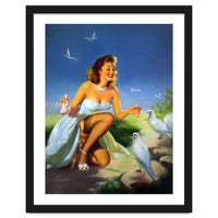 Beautiful Pinup Girl Feeding White Pigeons