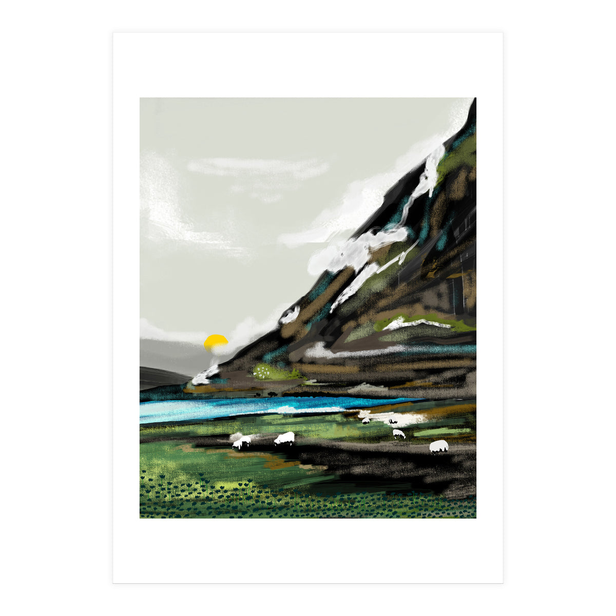 Graze, Cattle Nature Landscape Painting, Mountains Wild Adventure Cows, Animals Grassland Bohemian (Print Only)