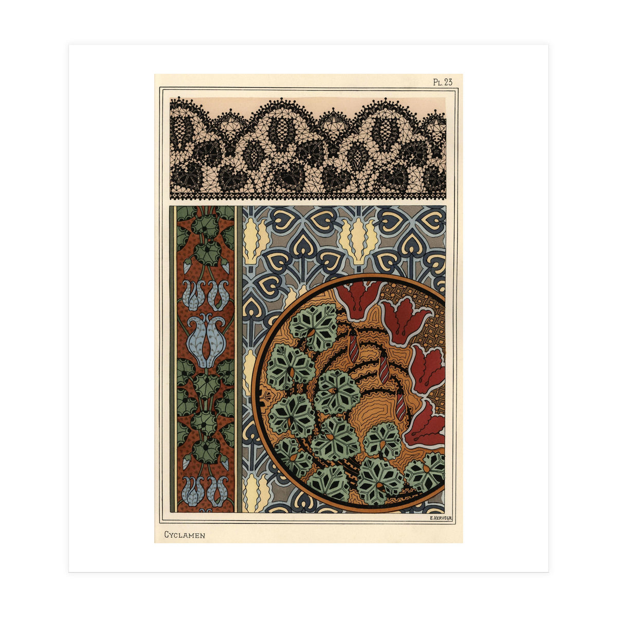 Cyclamen persicum motif in patterns for lace, wallpaper and fabric. (Print Only)