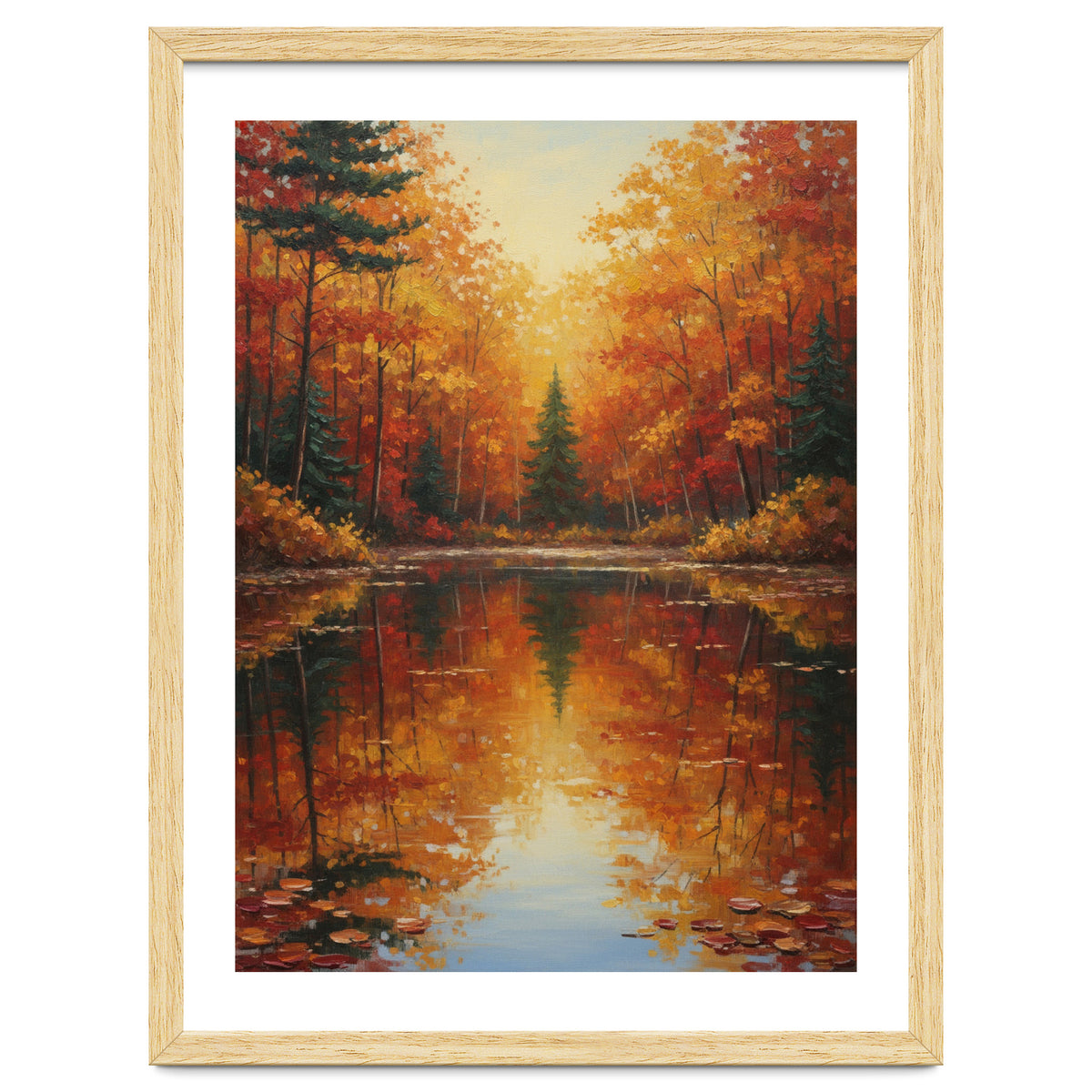 Golden Autumn Reflection: Impasto Forest Landscape