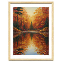 Golden Autumn Reflection: Impasto Forest Landscape