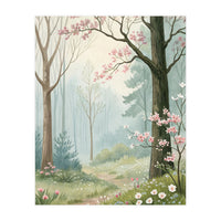 Enchanted Spring Woodland Path with Blooming Cherry Blossoms and Misty Pastel Forest Atmosphere (Print Only)