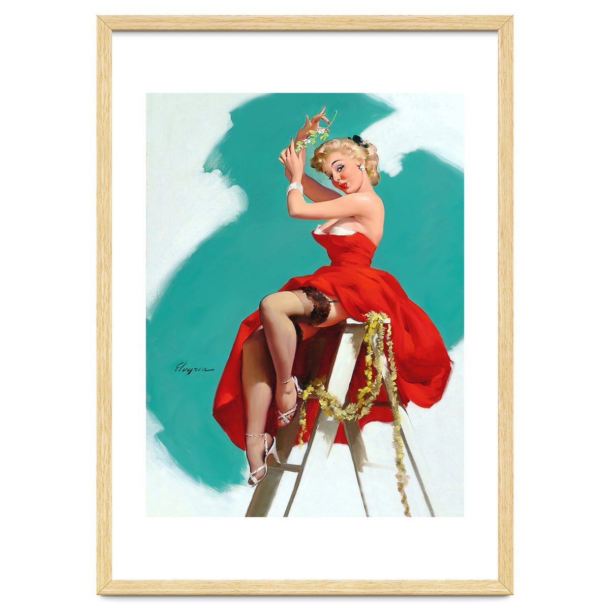 Sexy Pinup Girl In Red Dress Posing On a Ladder
