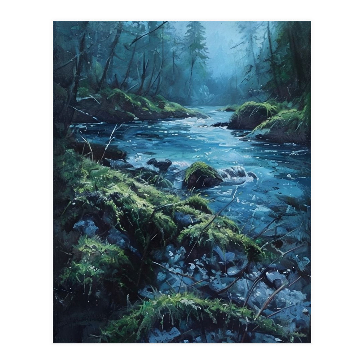 The Cerulean Current: A Whispering Flow Through the Moss (Print Only)