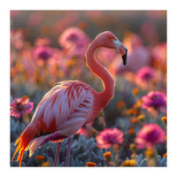 Pink Flamingo Standing In A Field Of Flowers (Print Only)