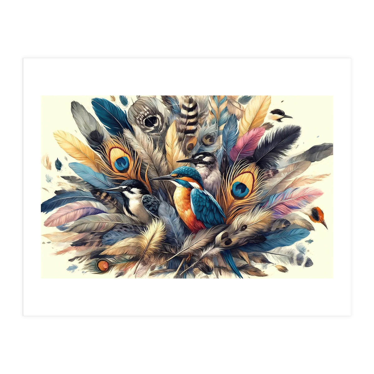 Kingfisher And Songbirds In Peacock Feathers (Print Only)