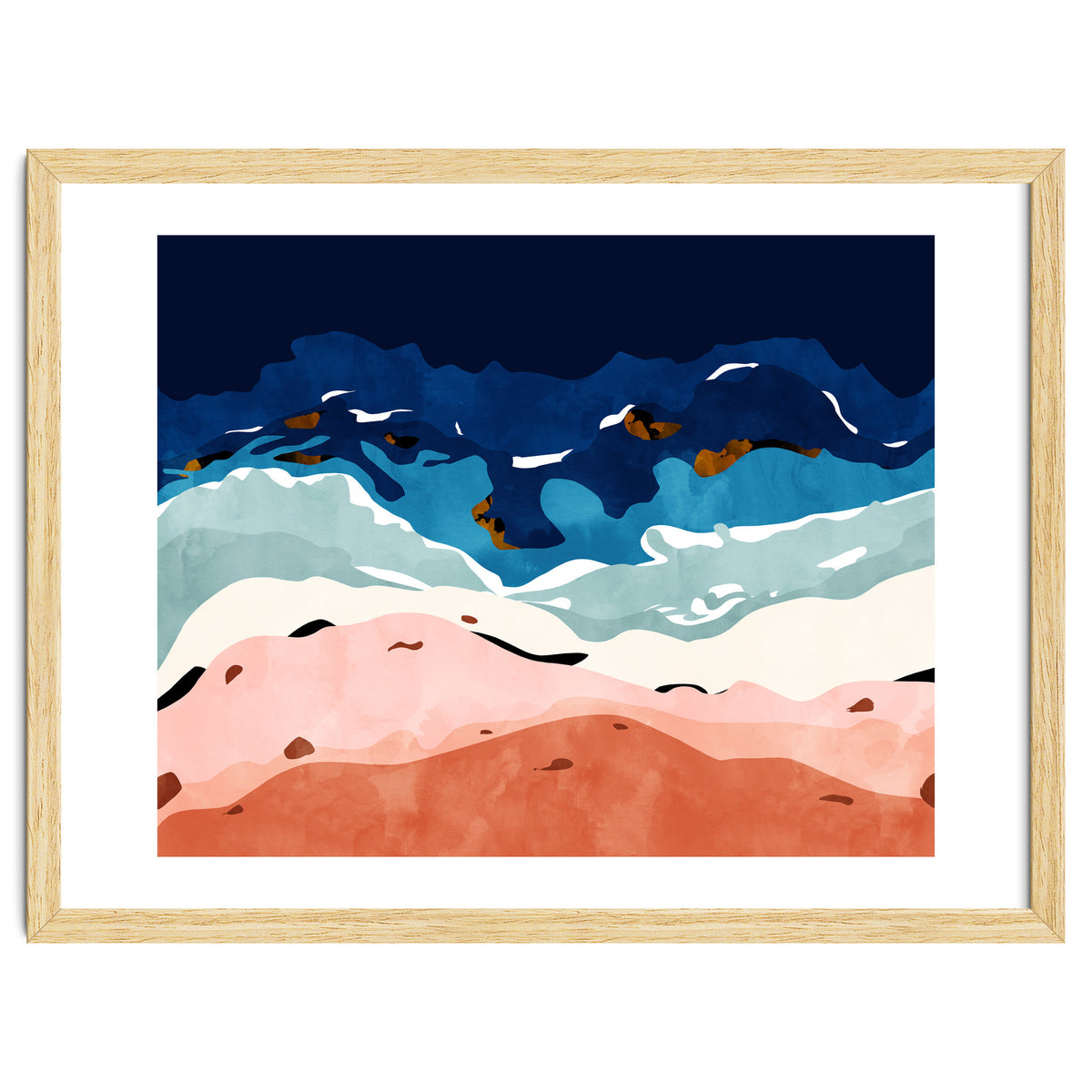 Ocean Heart, Abstract Sea Waves, Tropical Travel Watercolor Painting, Eclectic Bohemian Beach Nature