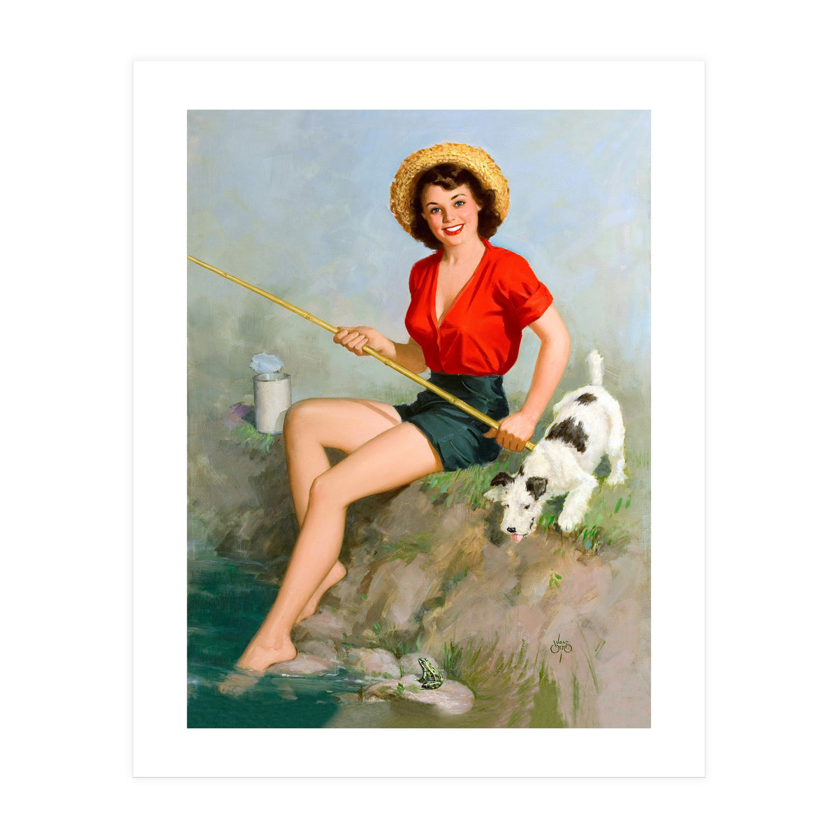 Pinup Girl Fishing With Her Dog (Print Only)