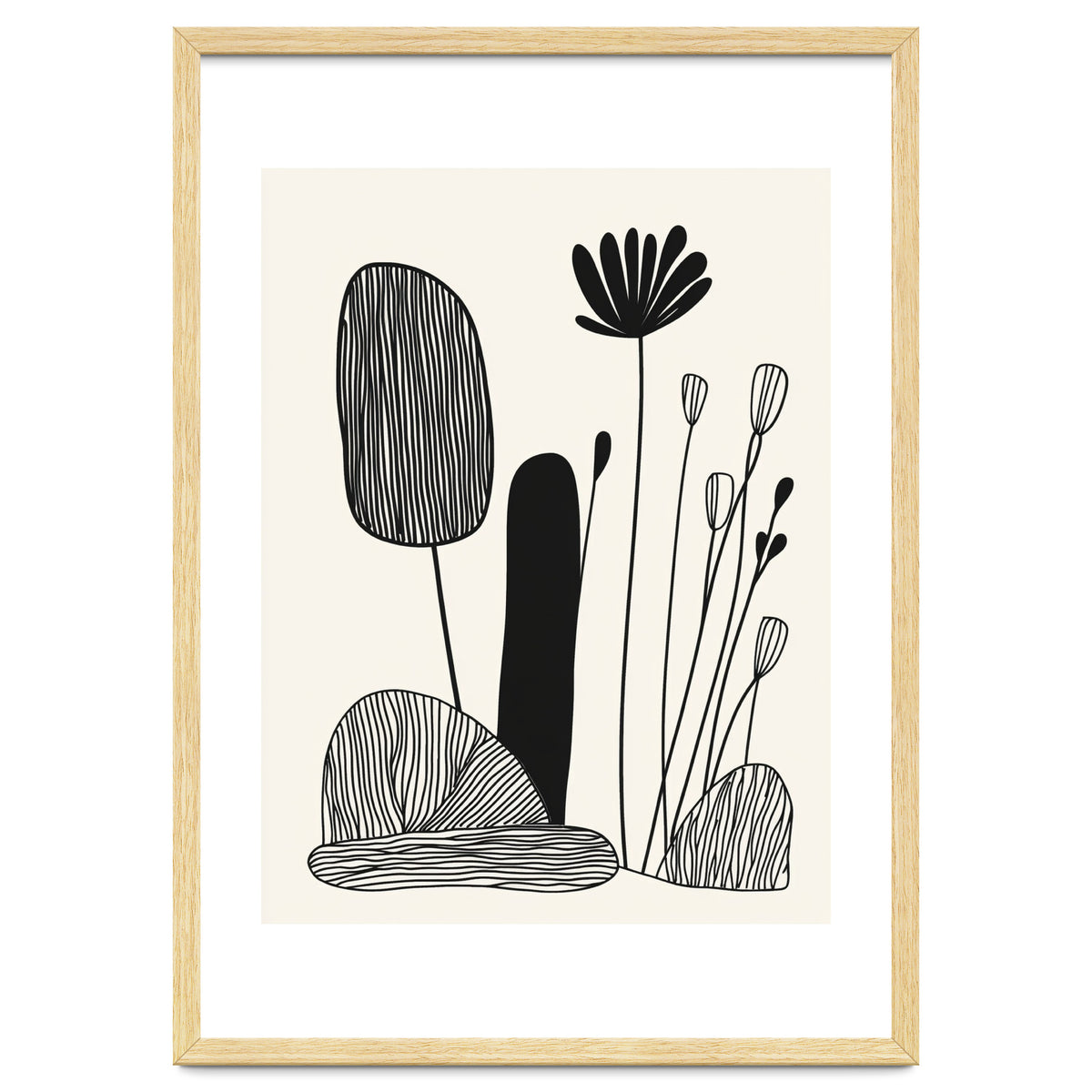 Abstract Black And White Botanical Illustration With Organic Shapes