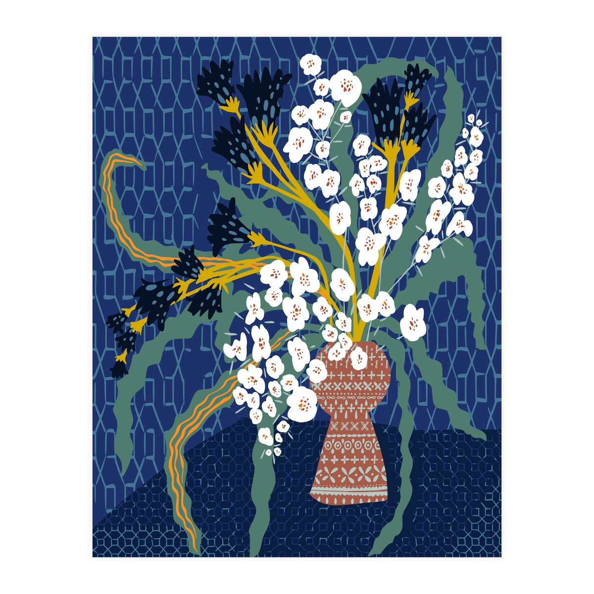 Floral contemporary still life dark blue (Print Only)