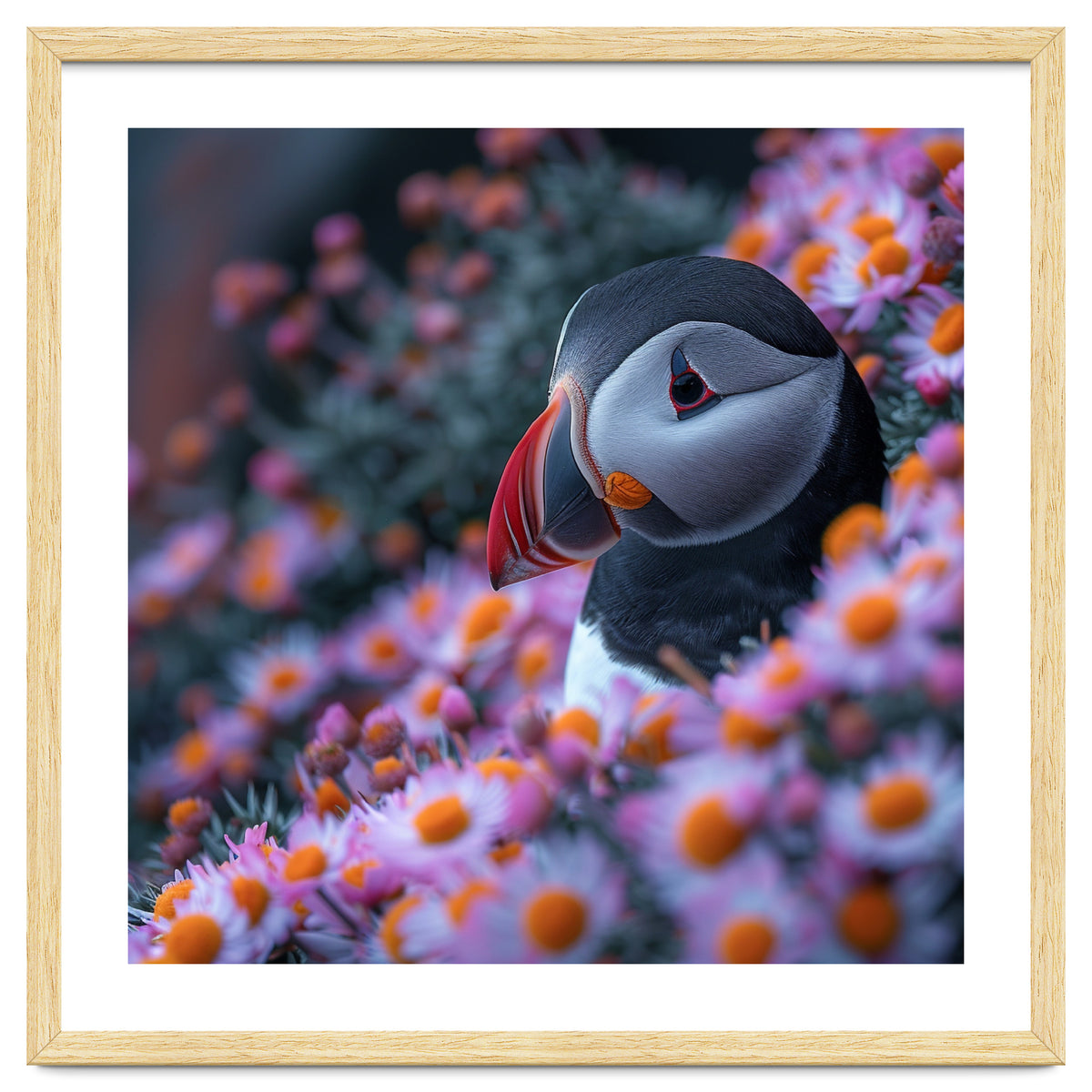 Puffin Bird Among Pink Flowers