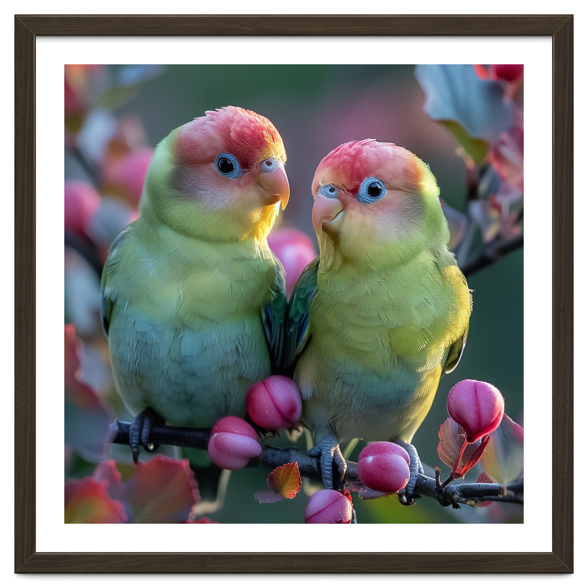 Two Lovebirds On A Branch Surrounded By Berries