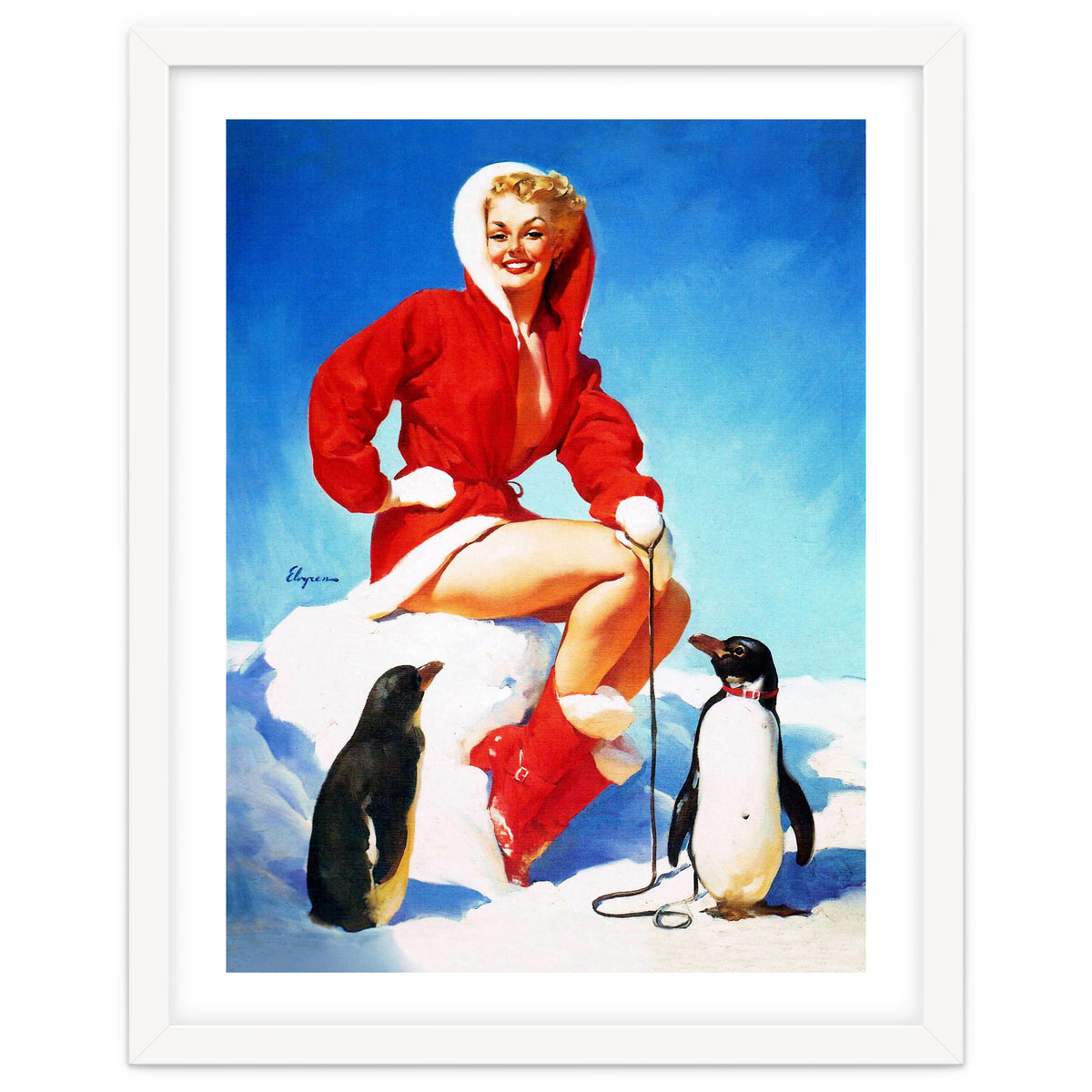 Pinup Sexy Woman Posing With Two Penguins