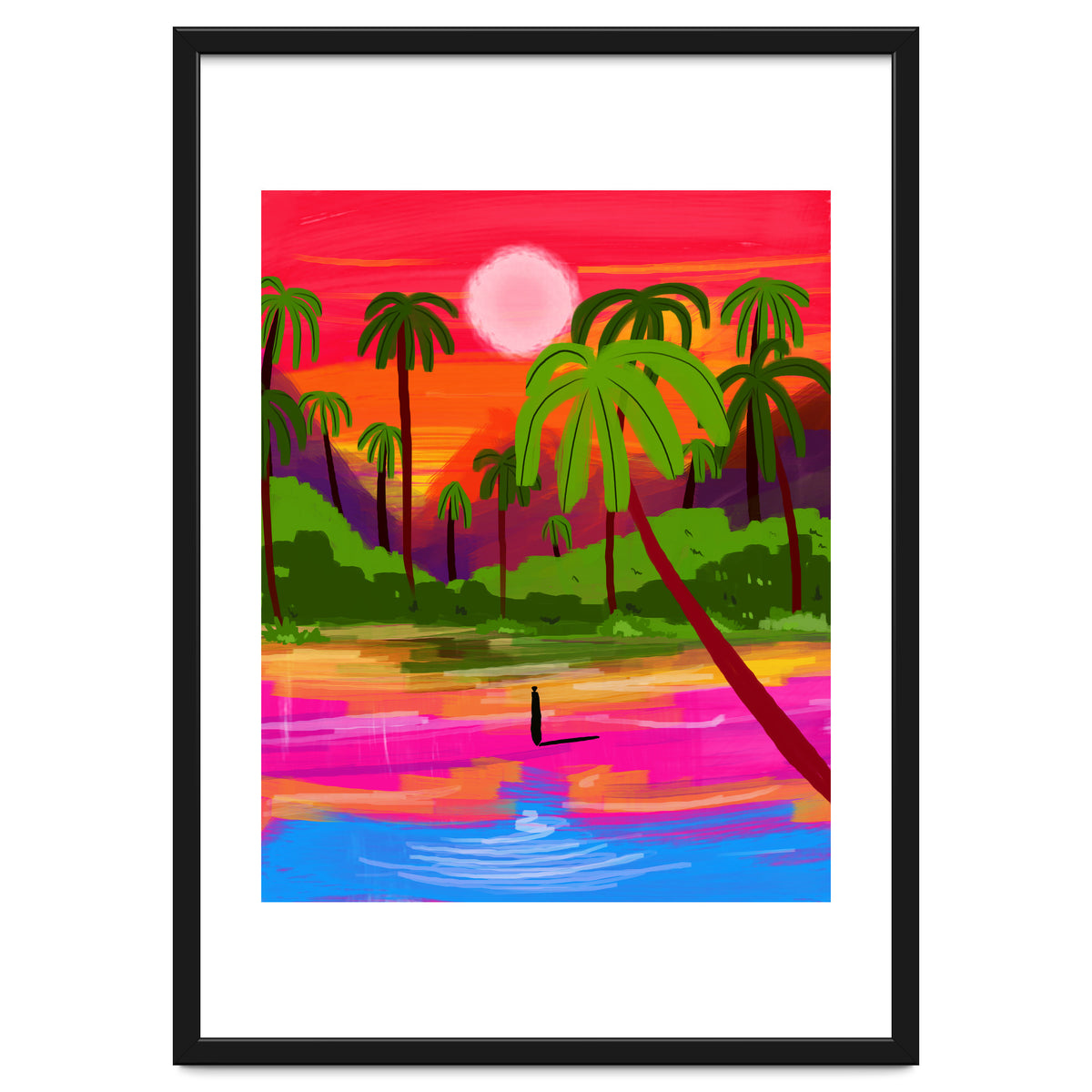 My Shadow & I, Sunset Painting Lake Beach Seashore, Tropical Nature Landscape Colorful Bohemian Traditional, Travel Concept Companion