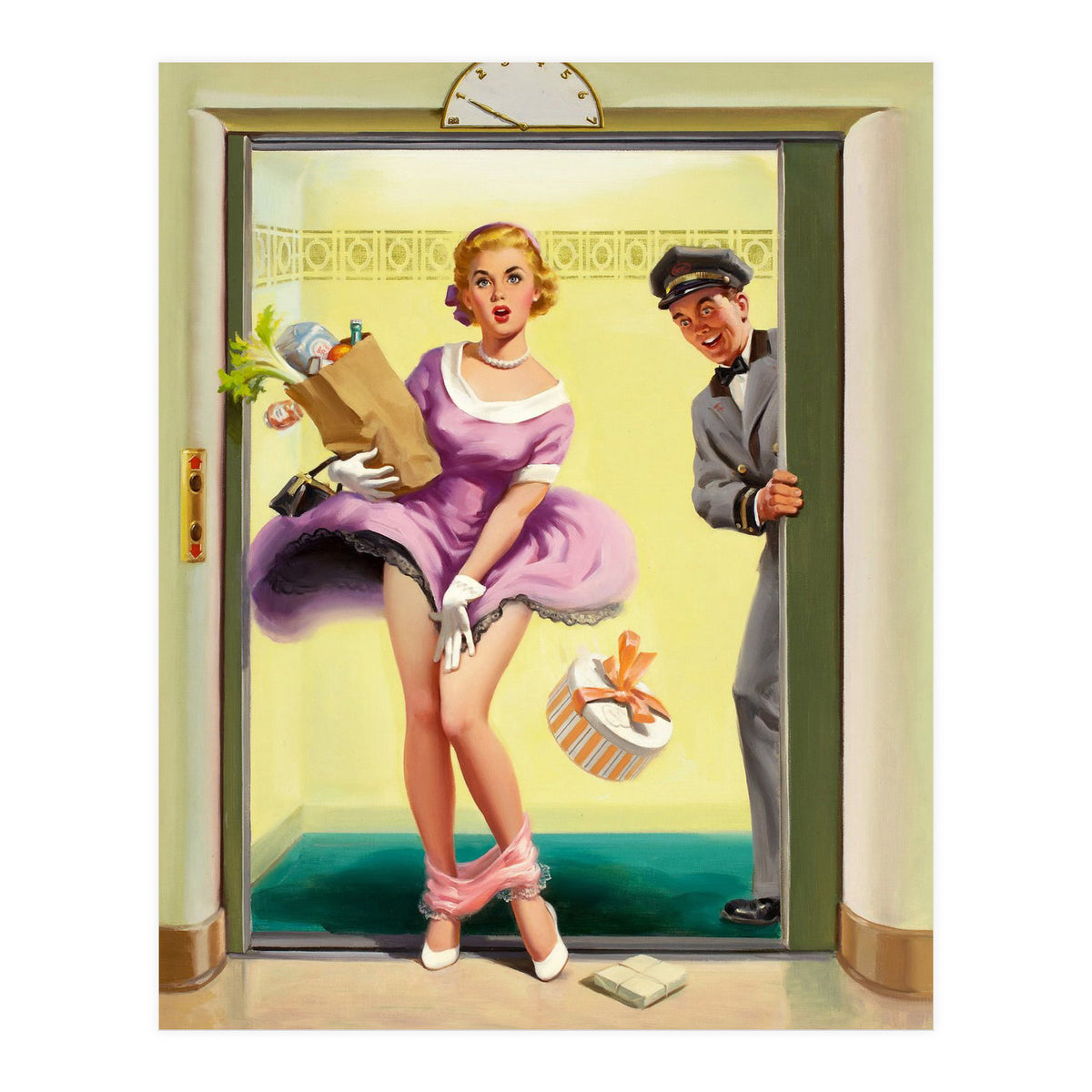 Pinup Sexy Girl Had Accident While Leaving The Elevator (Print Only)