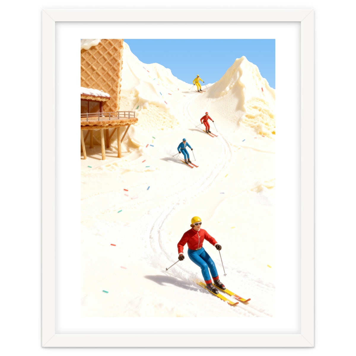 Skiing on Ice Cream Mountains, Miniature Skiers Winter Art Print for Kitchen Decor