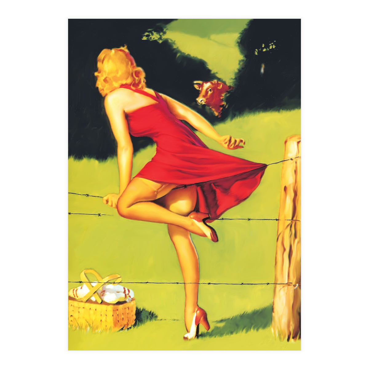 Pinup Girl In Red Dress Crossing The Barbed Wire While Looking At The Bull (Print Only)