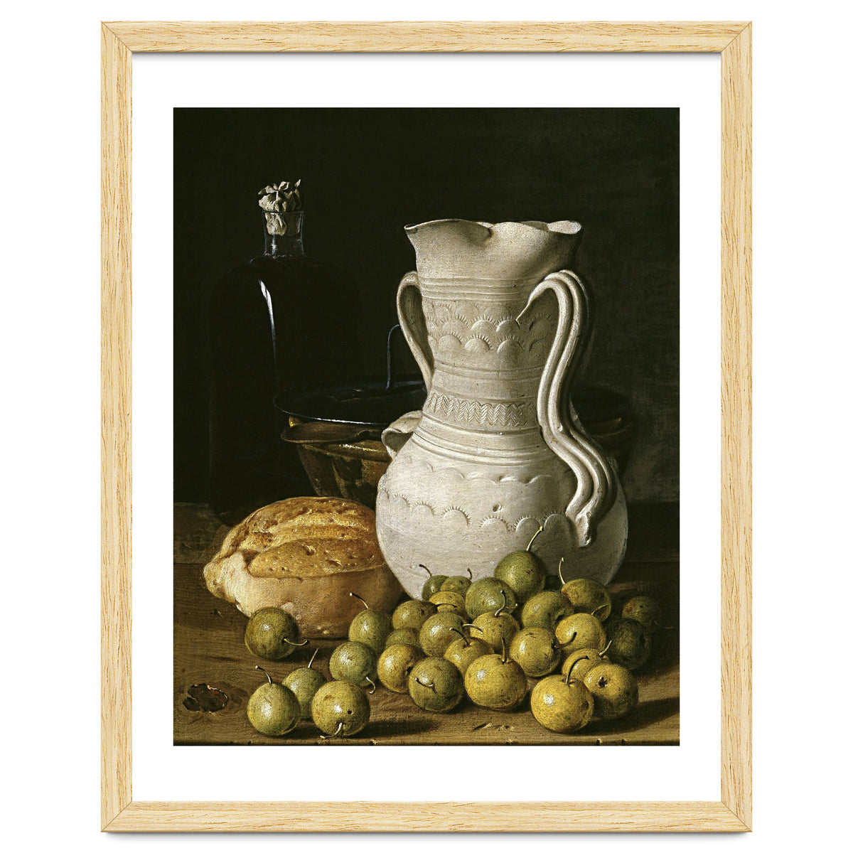 Luis Egidio Meléndez: 'Still Life with Small Pears, Bread, White Pitcher, Glass Bottle, and.., 1760.