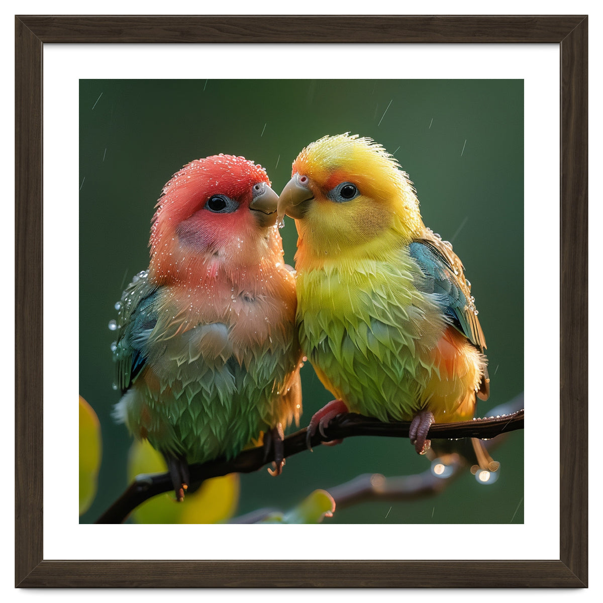 Two Lovebirds Perched On A Branch In Rain