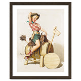 Pinup Cowgirl Riding A Wooden Horse Made Of Barrel thumbnail