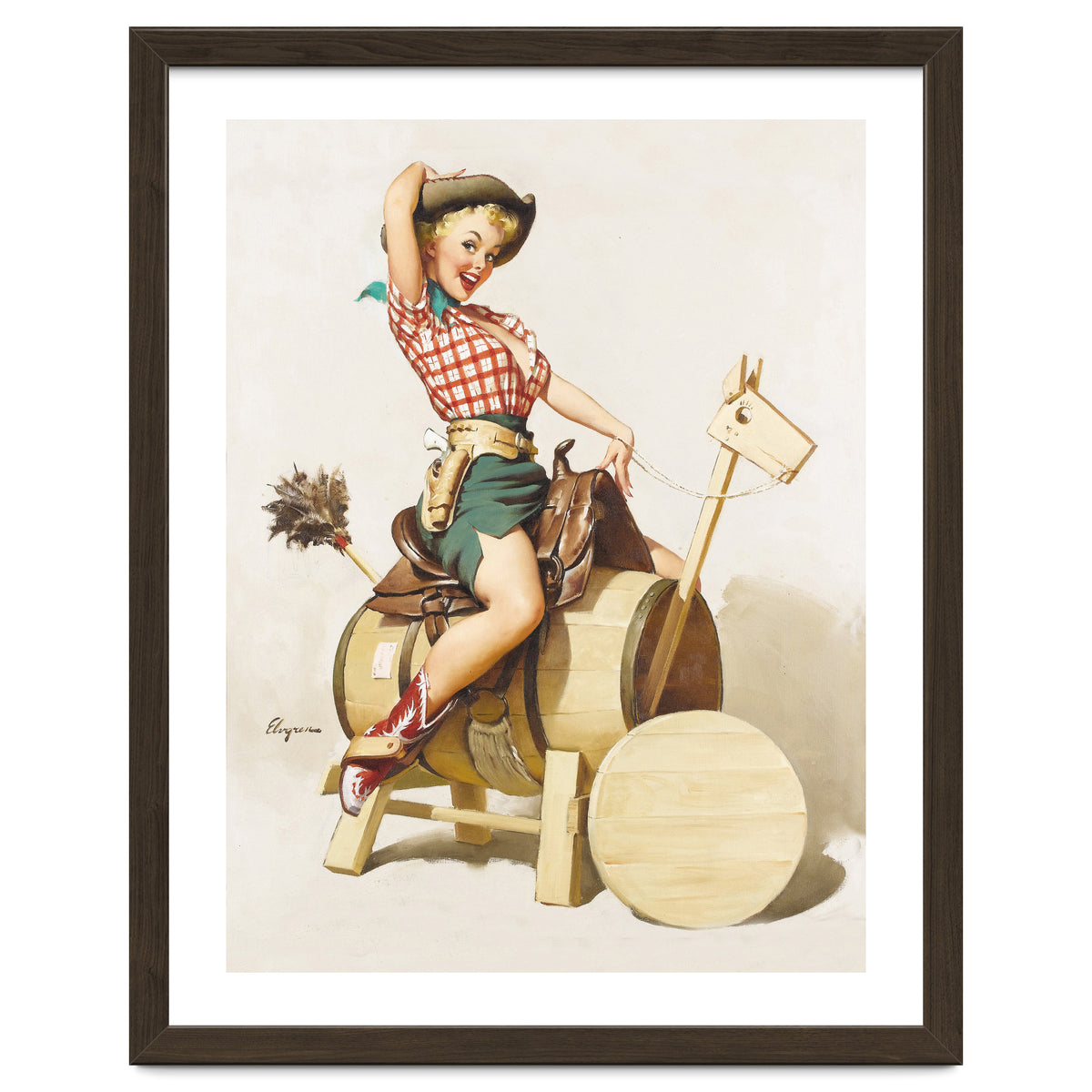 Pinup Cowgirl Riding A Wooden Horse Made Of Barrel