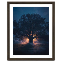 Ancient Mystical Oak Silhouette at Twilight with Ethereal Wisps