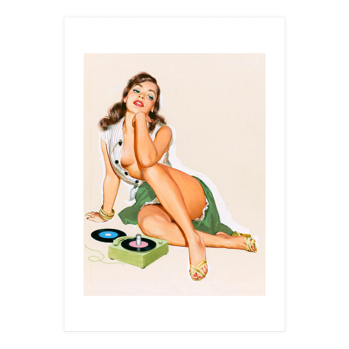 Sexy Pinup Woman Posing With Record Player (Print Only)
