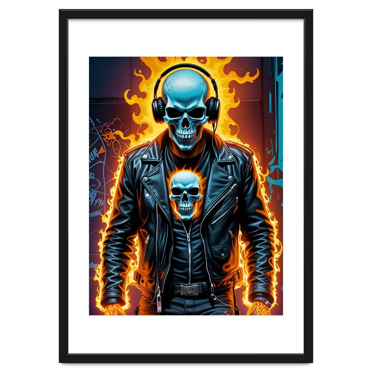 Fiery Skeleton Biker In Headphones