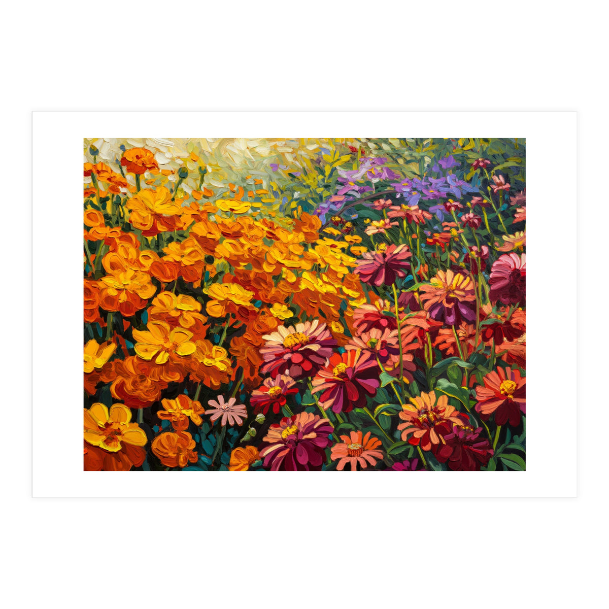 Radiant Summer Zinnia and Marigold Meadow Oil Painting (Print Only)