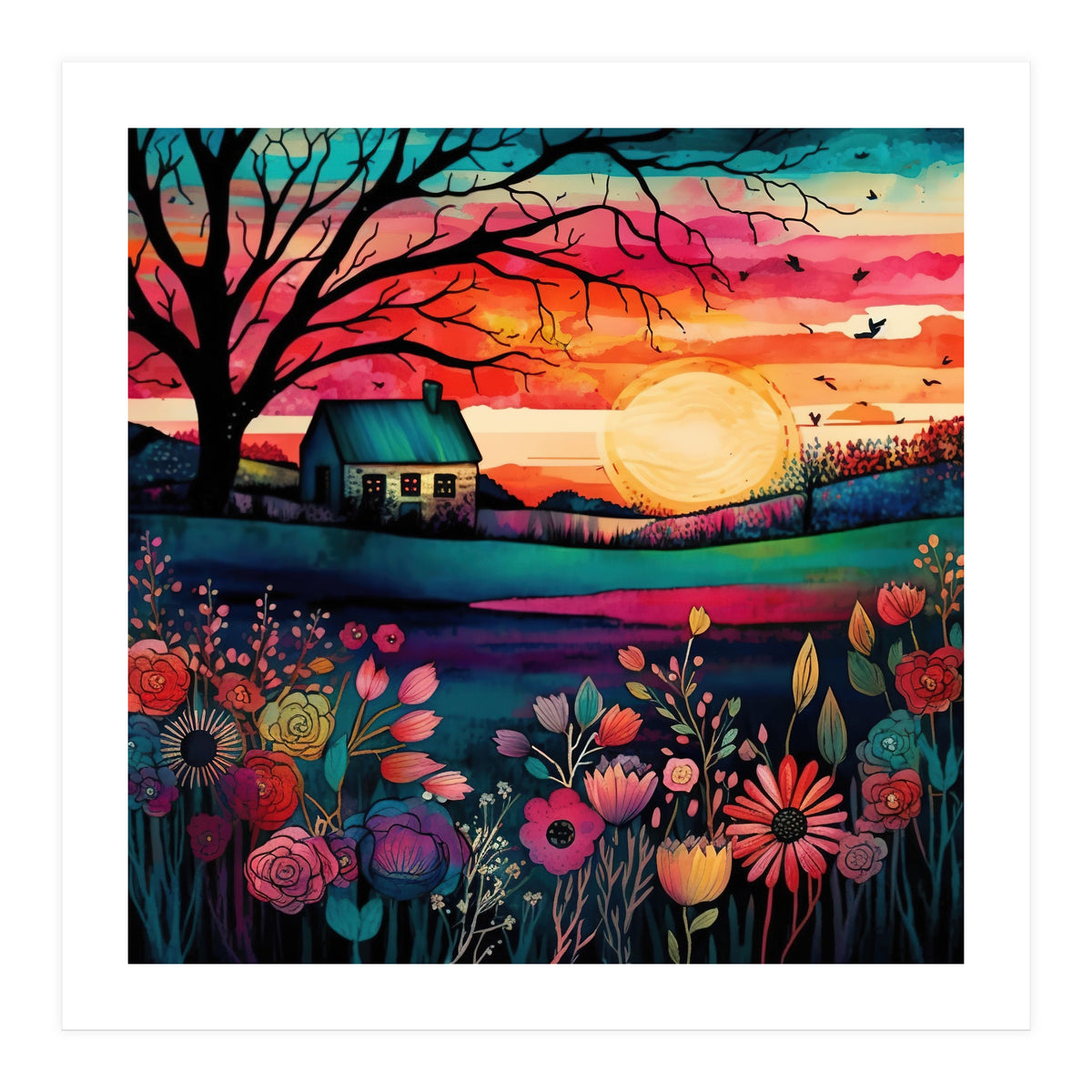 Watercolor Folk Art Sunset Landscape (Print Only)