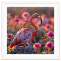 Pink Flamingo Standing In A Field Of Flowers