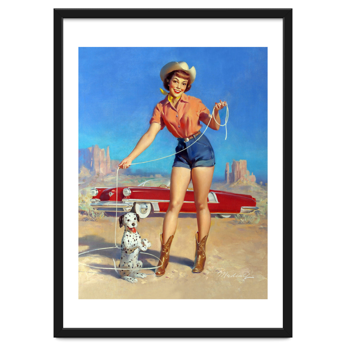 Pinup Cowgirl Showing A New Dog Trick