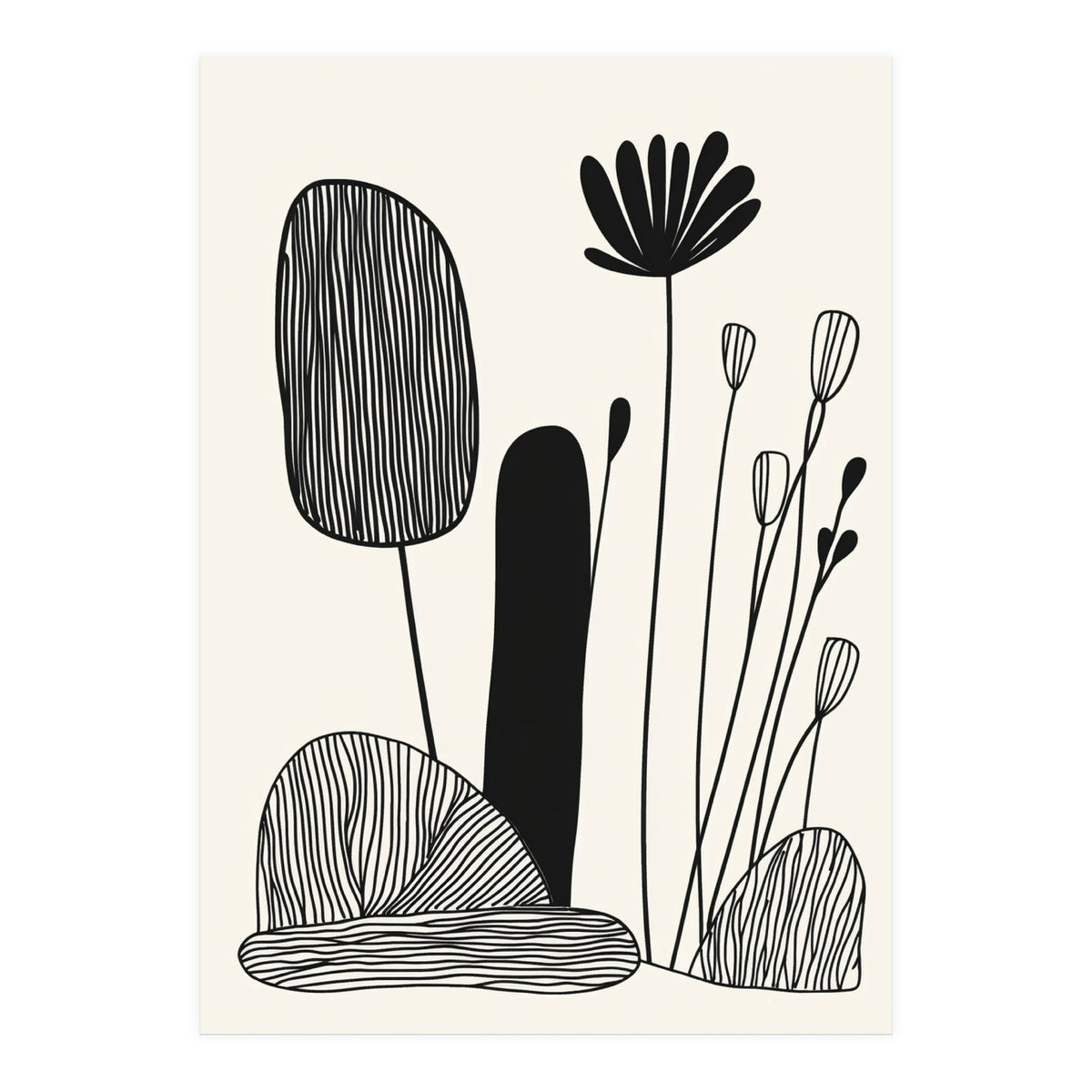 Abstract Black And White Botanical Illustration With Organic Shapes (Print Only)